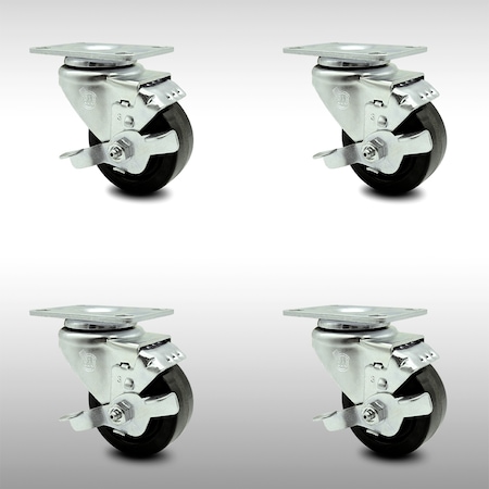 Service Caster 3.5 Inch SS Phenolic Swivel Top Plate Caster Set with Brake SCC-SS20S3514-PHS-TLB-4